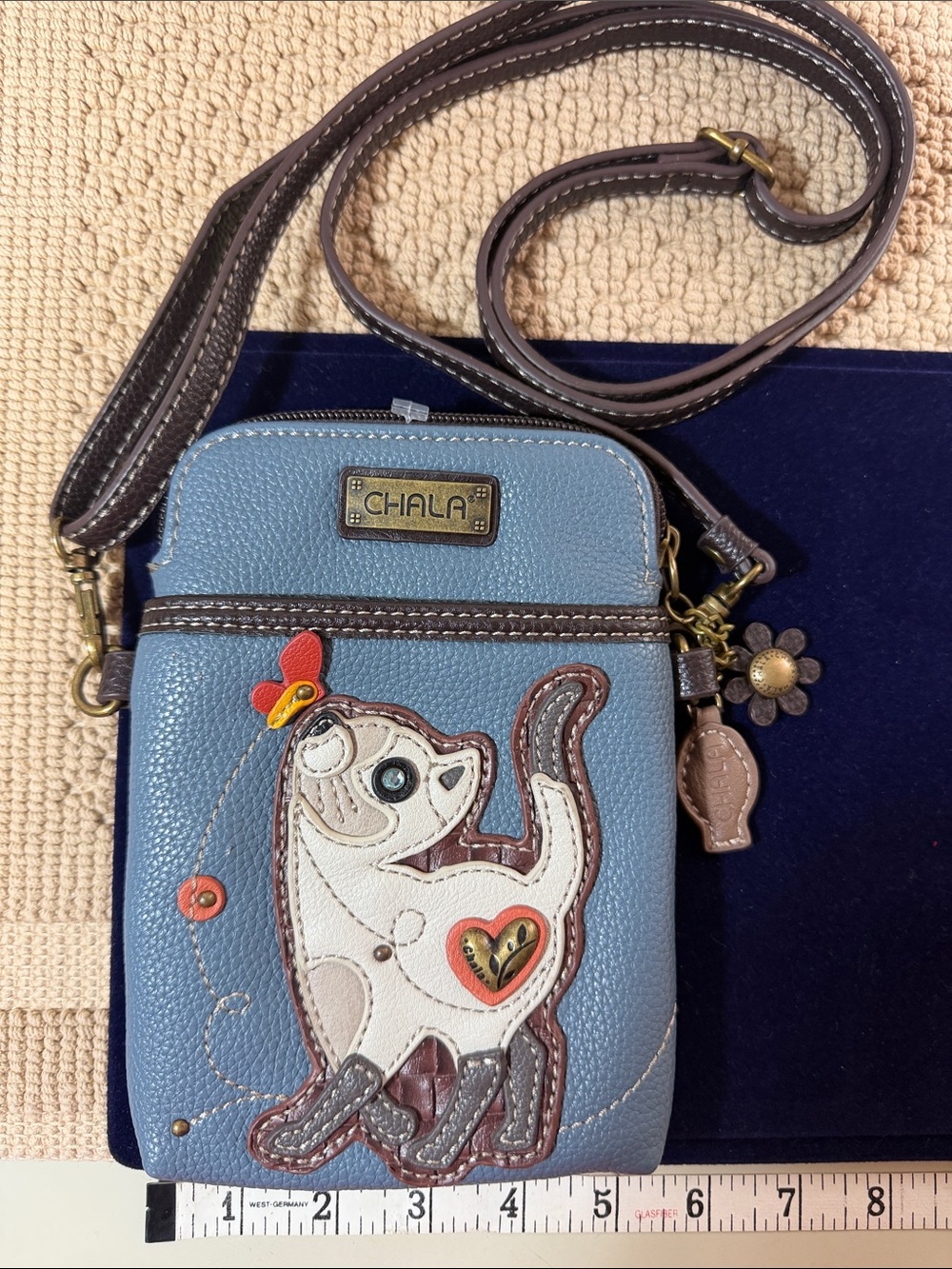 Chala Blue Cat Applique Crossbody with Brown Trim